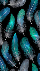 Fototapeta premium A cluster of glowing, detailed feathers with an iridescent sheen in shades of silver, emerald, and sapphire, softly glowing against a black background