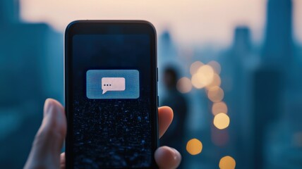 spam call phone security concept. A hand holding a smartphone displaying a digital chat interface at sunset.