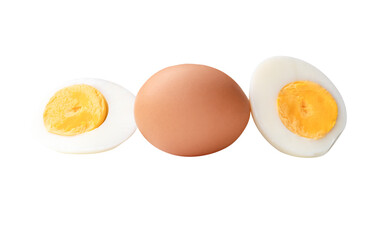 Side view of raw chicken egg and peeled cooked or boiled egg with egg yolk in two halves in stack isolated with clipping path in png file format