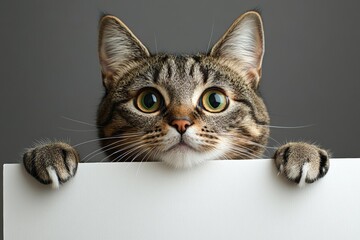 Curious cat peeks over a blank sign with big, expressive eyes in a calm indoor setting