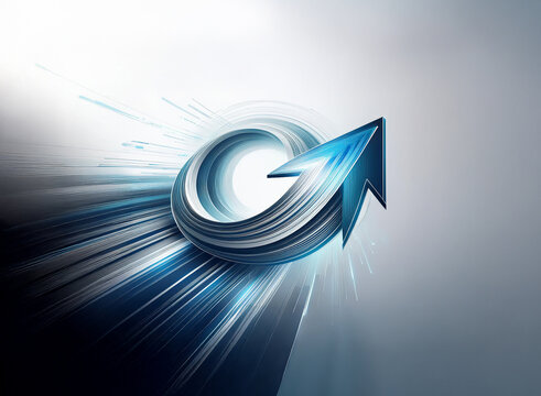 Abstract 3D arrow design.  A swirling, blue and grey arrow bursts from a bright light, suggesting speed and progress.  Motion blur effect adds dynamism.