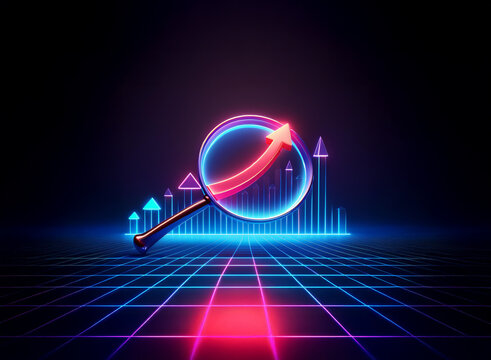 A glowing magnifying glass reveals an upward trending arrow within a neon graph, set against a retro grid backdrop.  The image symbolizes growth and market analysis.