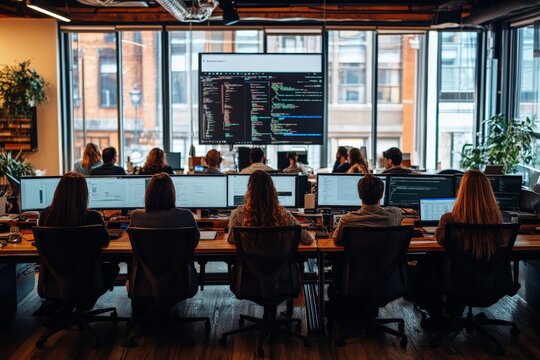 Professionals engaged in a collaborative coding session in a spacious office with large windows facing a cityscape