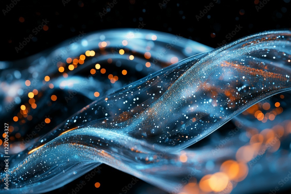 Poster Flowing waves of luminous water particles create a mesmerizing effect against a dark background