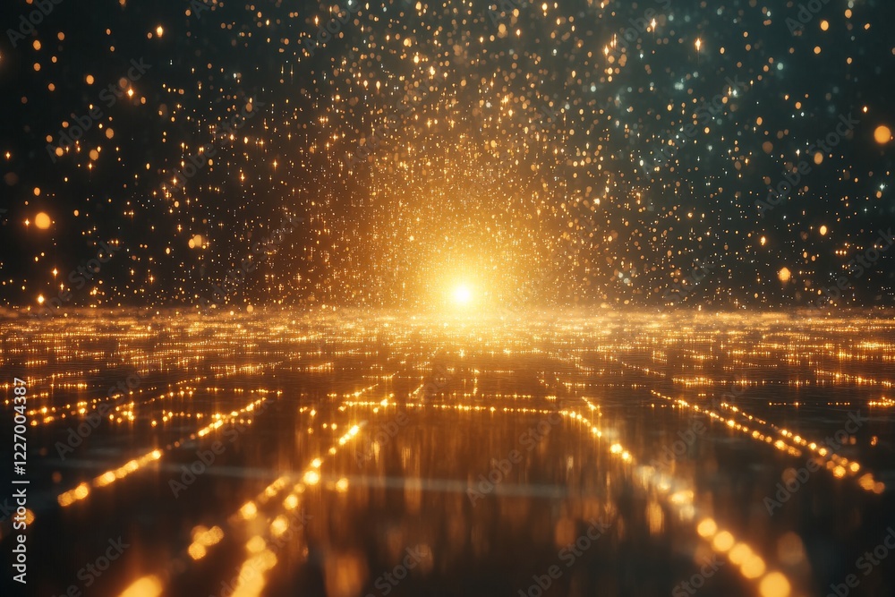Poster Visual representation of abstract digital landscape with glowing lights and warm hues creating an energetic atmosphere