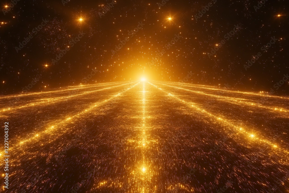 Poster vibrant light beams emanate toward the viewer in an expansive cosmic setting filled with stars