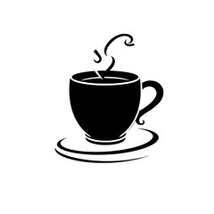 Aromatic Coffee or Tea: A Simple Black and White Illustration of a steaming cup on a saucer. Perfect for cafe menus, websites, or coffee-themed designs.