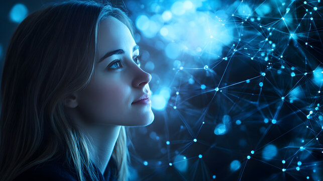 background featuring a glowing blue neural network with data particles moving through a digital landscape, symbolizing artificial intelligence, deep learning, and machine processing 