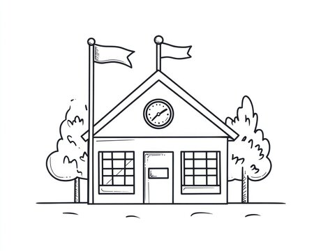 recommend clip art: Simple Sketch of a School Building with Flags and Trees