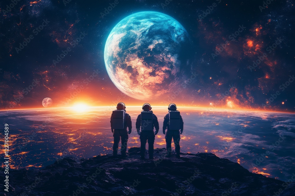 Poster astronauts observe a vibrant extraterrestrial landscape during a mission near a distant planet