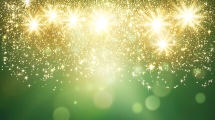 Golden Fireworks Sparkle Against Green Background