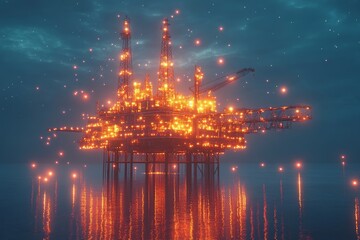 Oil rig illuminated at twilight reflecting on calm waters with a stunning display of lights