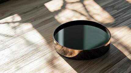 Black coffee cup casting a shadow on wooden surface in sunlight