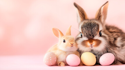 Easter party concept. Composition of easter bunny and eggs on pastel background with copyspace template for greetein card