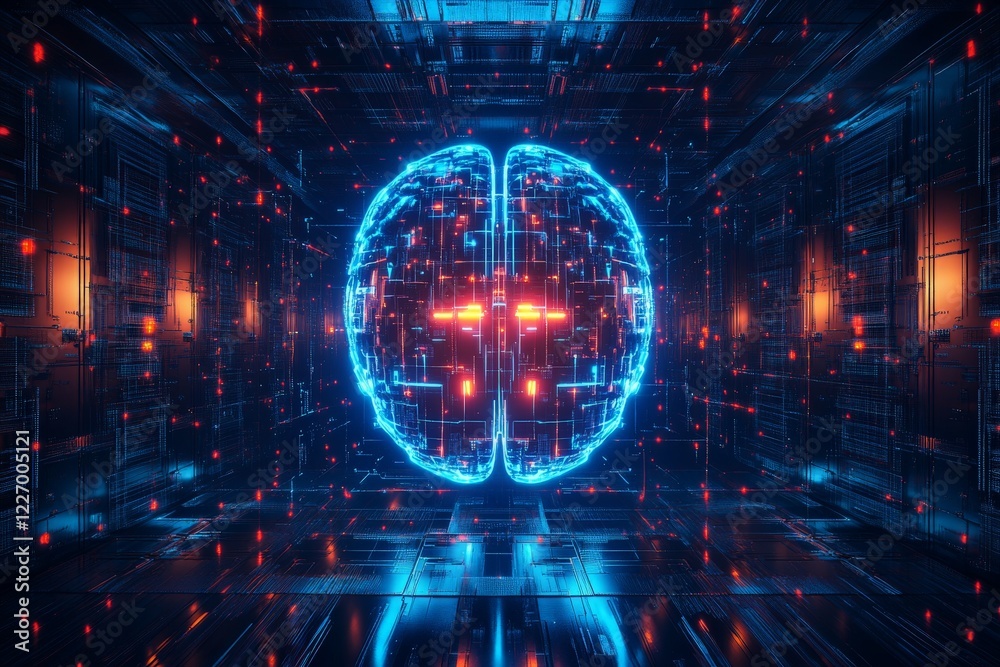 Fototapete Digital representation of a futuristic brain in a high-tech environment showcasing neural networks and glowing circuitry