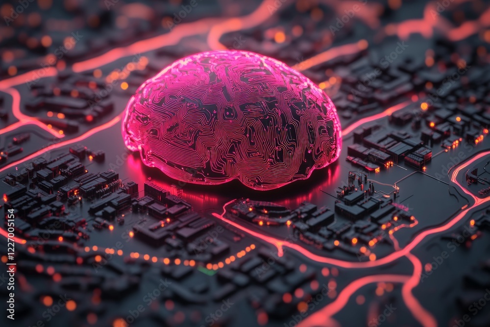 Poster digital representation of a brain integrated within a cityscape highlighting innovation and technolo