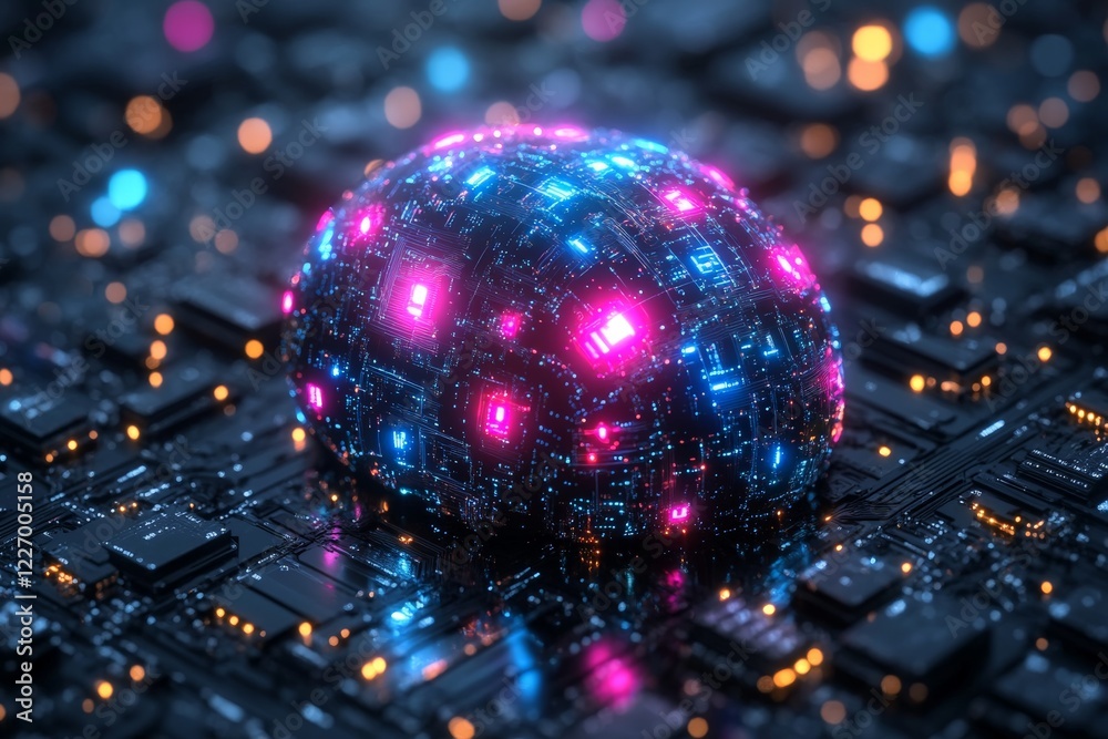 Poster futuristic neon sphere resting on a complex circuit board, showcasing advanced technology and electr