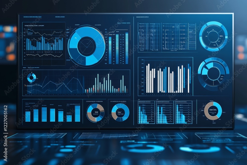 Aufkleber Data visualization dashboard displaying complex analytics and metrics in blue tones for business analysis or research