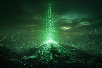 Mysterious green light emanates from a digital hilltop in a futuristic cityscape at twilight