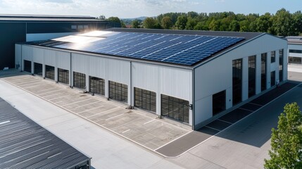 Obraz premium Solar panels on modern warehouse, sunny day, green background, sustainable energy
