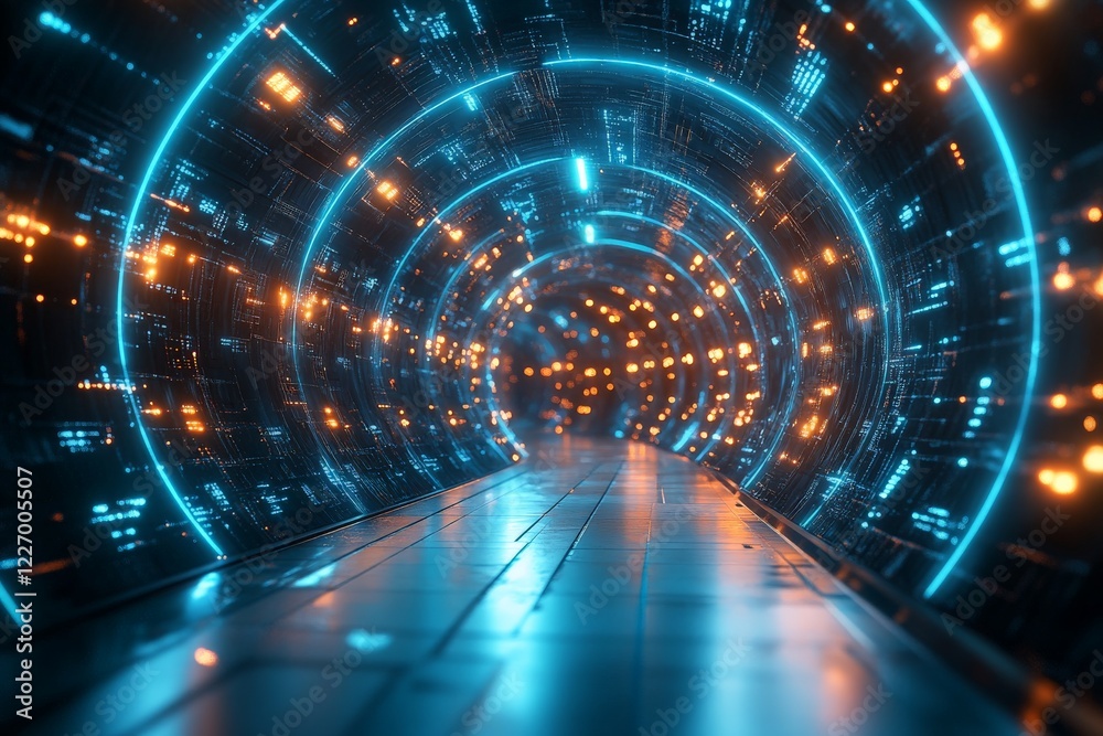 Poster Futuristic tunnel with glowing lights and digital elements creates an otherworldly atmosphere at night