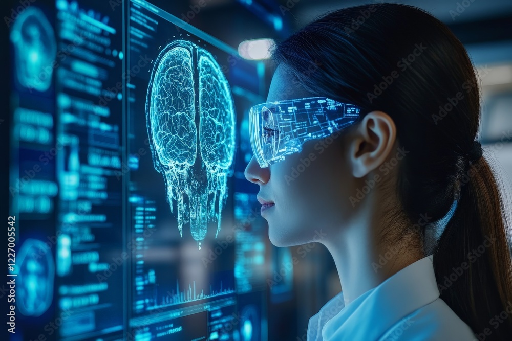 Poster Innovative scientist analyzing brain activity through augmented reality technology in a modern laboratory environment