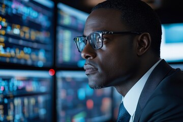 Focused financial analyst monitors data trends on multiple screens in a corporate office during evening hours