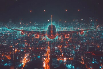 Fototapeta premium Digital plane soaring over a vibrant city skyline with illuminated buildings at night