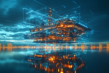 Futuristic city landscape with glowing structures reflected in water under a dramatic sky