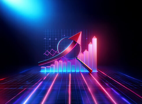 Neon-lit 3D rendering depicts upward trending graphs and a globe, symbolizing global growth and economic progress.  The scene is futuristic and dynamic.
