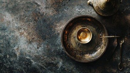 Vintage coffee cup and saucer on aged textured surface