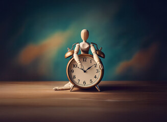 A wooden mannequin sits serenely beside a vintage alarm clock, evoking a sense of time's passage and stillness. The background features a dreamy, atmospheric backdrop.
