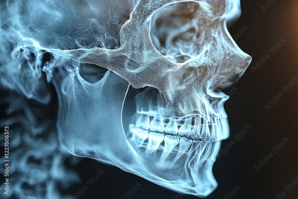 Poster detailed x-ray image of a human skull showcasing intricate bone structure and features in a dark bac