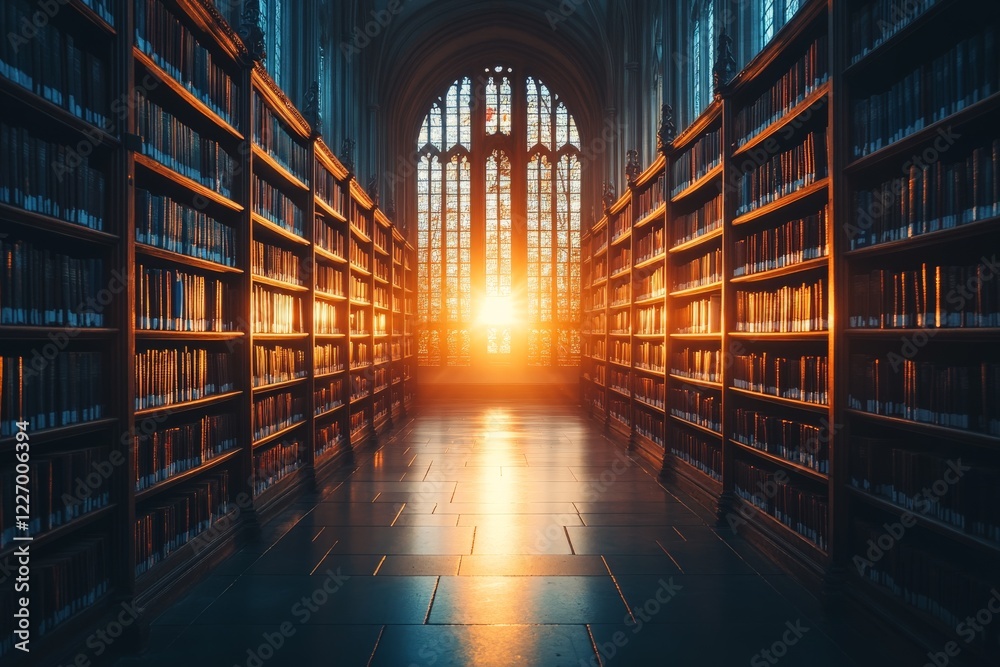 Poster Sunlight streaming through library windows creates a warm atmosphere in a historic reading space at sunset