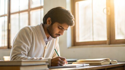 "Close-up of an Indian student writing notes in a notebook in a classroom,  textbooks and study materials visible on the desk. The classroom is filled with sunlight through