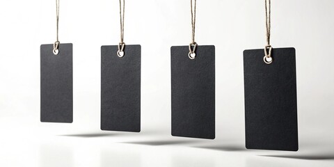 A set of four blank black rectangular clothing tags floating against a white background. Ideal for branding mockups, price tags, and retail product labeling.