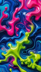 A visually dynamic acrylic fluid pour painting showcasing an intense flow of vibrant hues and intricate organic abstract details