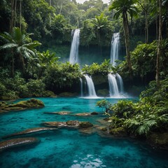 Fototapeta premium A lush tropical rainforest with a crystal-clear waterfall cascading into a blue lagoon.