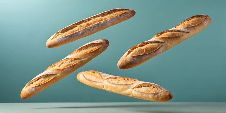 A clean and crisp composition of golden French baguettes floating against a soft green background, showcasing bakery artistry.