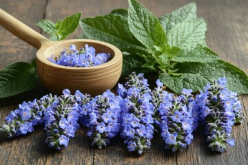 Freshly harvested blue flowers and mint leaves arranged on rustic wooden surface with natural lighting