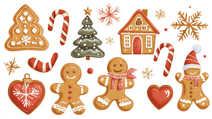 Christmas ginger cookie seamless pattern of gingerbread man, house and xmas tree, candy cane, snowman and bell, star, snowflake and stocking sock, glove and heart. Vector in gallery