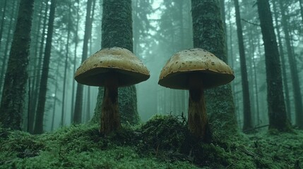 Fototapeta premium Twin mushrooms forest moss fog nature background