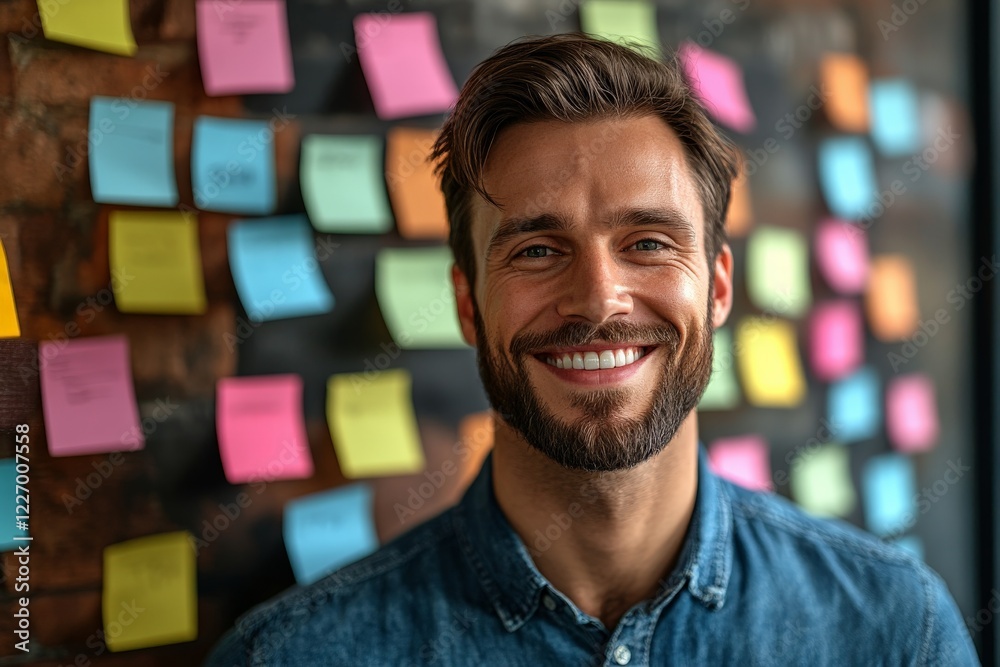 Poster Smiling man stands in front of colorful sticky notes in a creative workspace during daylight hours