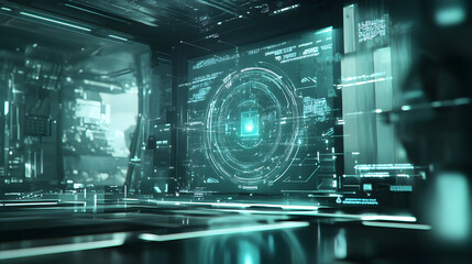 technology abstract background with a holographic interface displaying interconnected data points, futuristic UI elements, and transparent digital layers floating in a cyber-inspired environment 