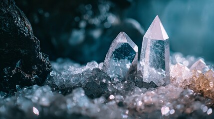 Obraz premium Natural crystals displayed on reflective surface with glowing effect