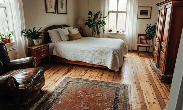 Rustic Bedroom Interior Design with Wooden Floors and Antique Furniture