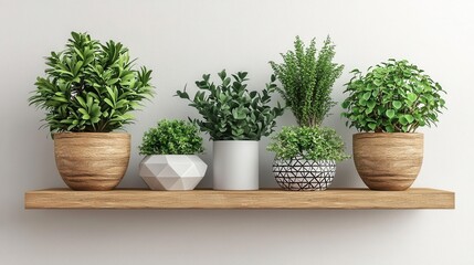 Fototapeta premium Minimalistic 3D Render of Indoor Plants in Geometric Pots on Modern Wooden Shelves