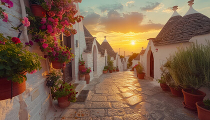Vicolo tradizionale con trulli e vasi di fiori al tramonto ad Alberobello, Puglia, Italia