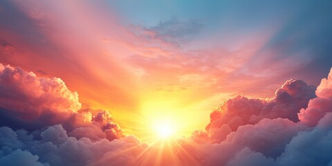 Fototapeta premium A breathtaking sunrise illuminates the sky with vibrant colors, casting a warm glow over fluffy clouds and creating a tranquil atmosphere.