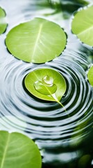 Serene Green Leaf Floating On Dark Water, Creating Concentric Ripples